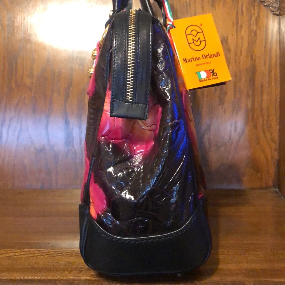 NWT-Marino Orlandi-Embossed Leather Satchel-Black-Tropical 🌺 Flowers-Italian 🇮🇹 - Picture 9 of 16